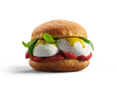 Bomba salata con bufala, pomodoro candito e basilico - Savoury Bomba with buffalo mozzarella, candied tomato and basil