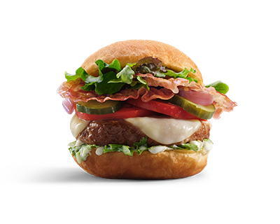 Bomba hamburger di manzo con pancetta, mozzarella, cipolla in agrodolce, iceberg, misticanza, cetriolo marinato, maionese, pomodoro fresco - Beef hamburger Bomba with bacon, mozzarella, sweet and sour onion, iceberg lettuce, mixed greens, marinated cucumber, mayonnaise and fresh tomato