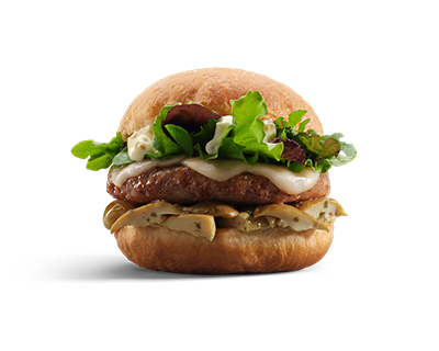 Bomba hamburger di manzo con porcini, mozzarella, misticanza, maionese con senape - Beef hamburger Bomba with porcini mushrooms, mozzarella, mixed greens and mustard-flavoured mayonnaise