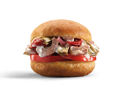 Bomba salata con filetto di tonno, carciofi marinati, pomodoro candito, cipolla in agrodolce e maionese - Savoury Bomba with tuna fillet, marinated artichokes, candied tomato, sweet-and-sour onion, and mayonnaise