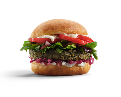 Bomba salata con burger vegetale di spinaci e quinoa con verza marinata, misticanza, pomodoro e maionese - Savoury Bomba with spinach and quinoa veggie burger, marinated savoy cabbage, mixed greens, tomato and mayonnaise