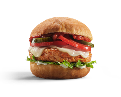 Bomba salata con burger di Ventricina, mozzarella, pomodoro, cetriolo marinato, lattuga, crema di pomodoro speziato e maionese - Savoury Bomba with Ventricina fermented pork sausage burger, mozzarella cheese, tomato, marinated cucumber, lettuce, spicy tomato spread and mayonnaise