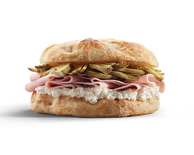 Focaccia con prosciutto cotto a vapore, ricotta e carciofi marinati - Focaccia con steamed ham, ricotta and marinated artichokes