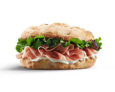 Focaccia con prosciutto crudo, stracchino e misticanza - Focaccia with cured ham, stracchino cheese and mixed greens
