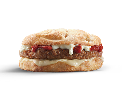 Focaccia con salsiccia, mozzarella, crema di pomodoro speziata e maionese - Focaccia with sausage, mozzarella cheese, spicy tomato spread and mayonnaise