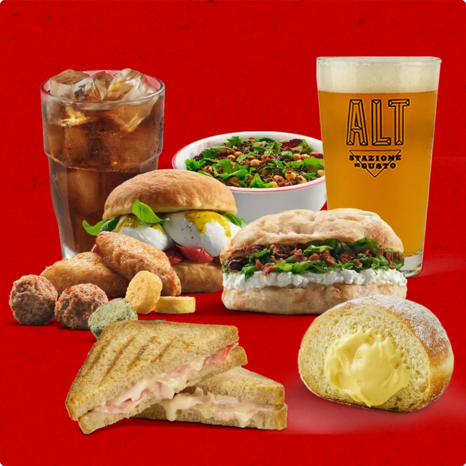 Some products available for the Brunch Promo: selection of Finger Food, Bomba Bufala, Toast with ham and mozzarella cheese, Focaccia with ricotta and escarole, Vegan salad, Bomba dessert with custard cream, Coca‑Cola and ALT draught beer