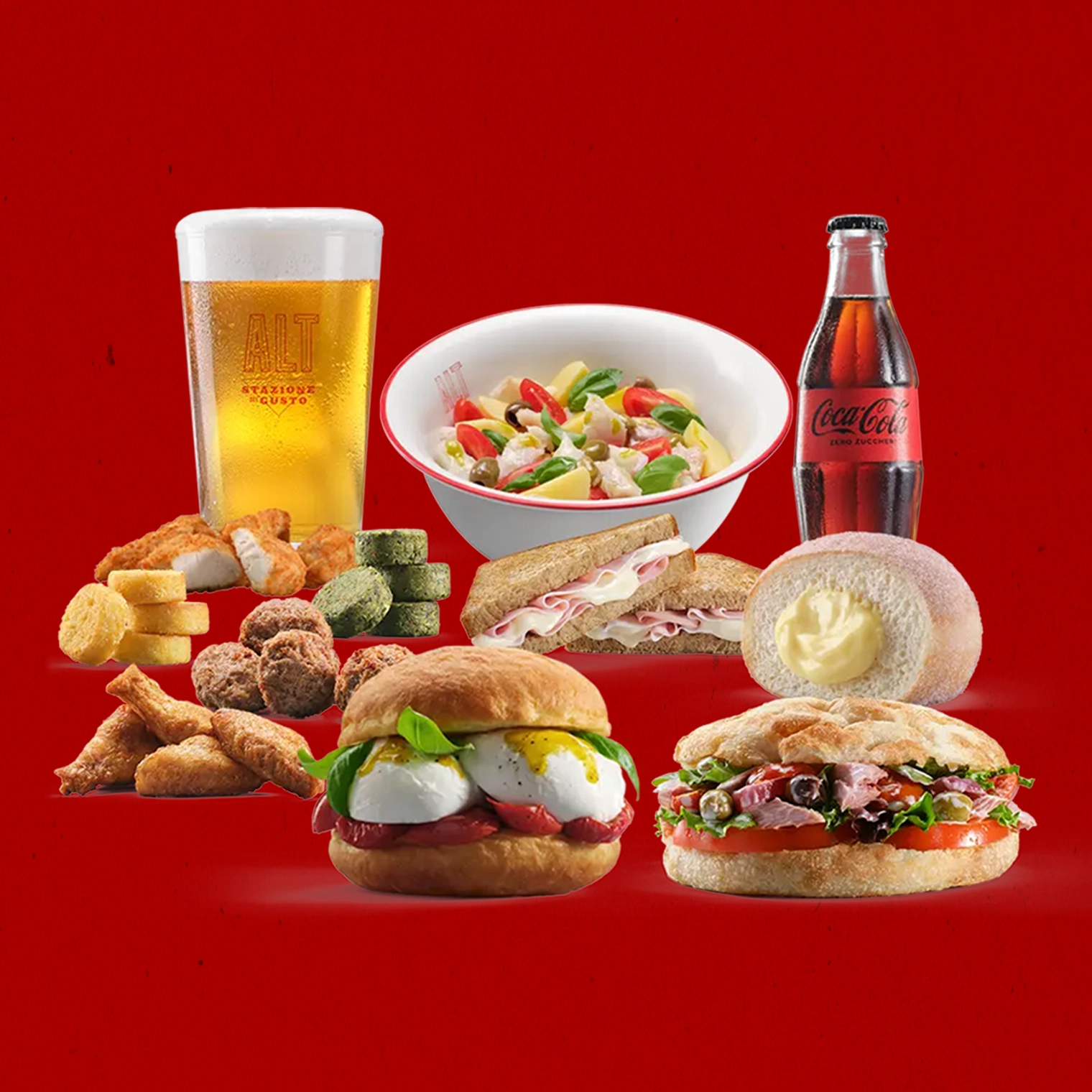 Alcuni prodotti disponibili per la Promo Brunch: selezione di Piccoli Morsi, Bomba Bufala, Toast prosciutto cotto e mozzarella, Focaccia tonno , Insalata pollo, Bomba dolce alla crema, Coca-cola e Birra alla spina ALT